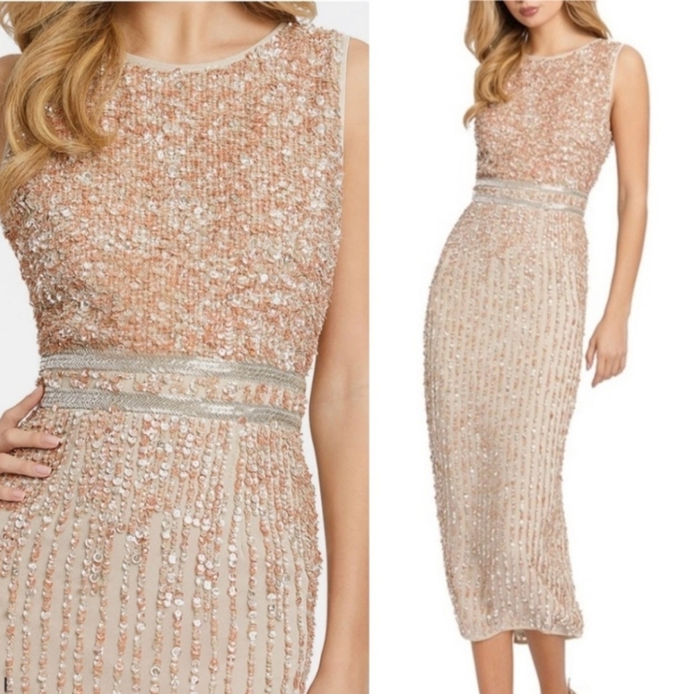 Mac Duggal Sleeveless High Neck Beaded Midi Sheath Dress NWT Size 10